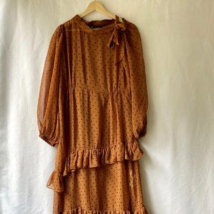 Zara Polka Dot Ruffle Midi Dress Tobacco